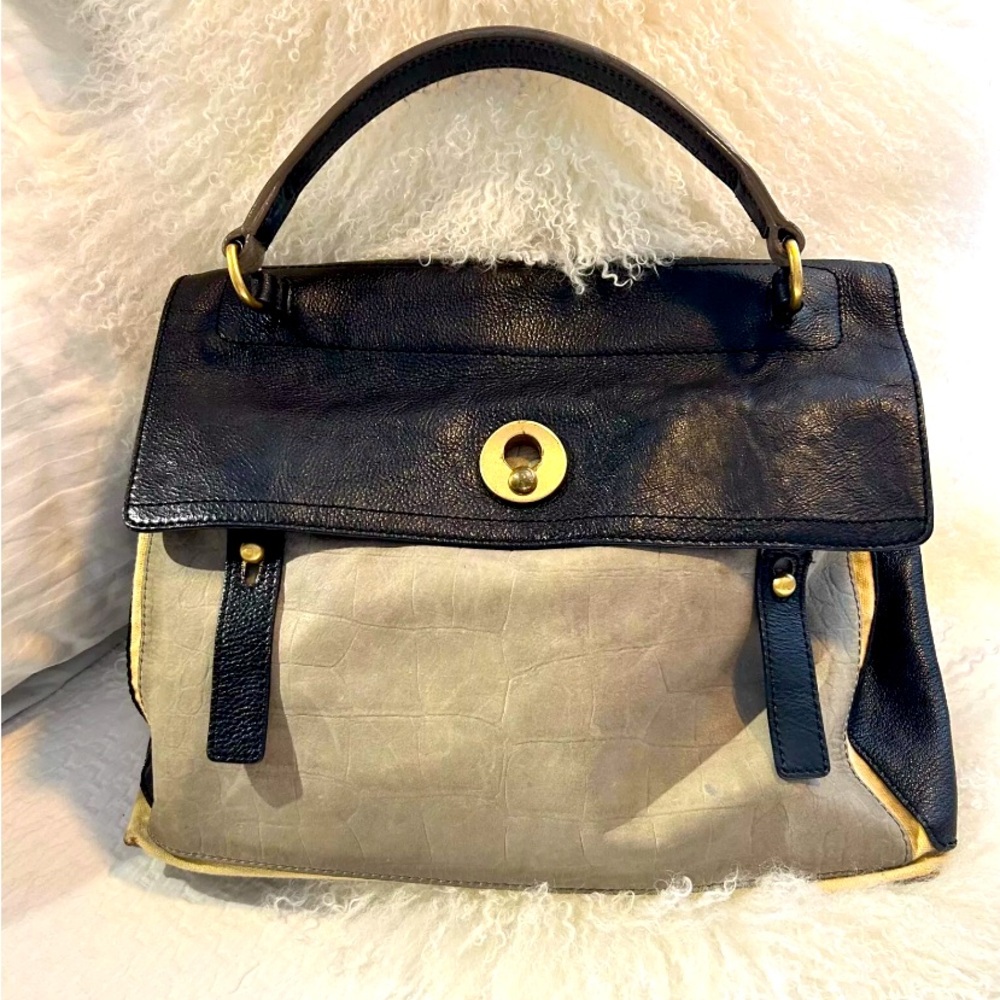YSL Yves Saint Laurent Muse II Tan And Black Suede & Leather Large Shoulder Bag